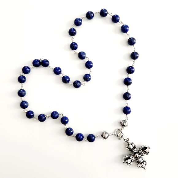 ROCKSTAR LAPIS LAZULI NECKLACE W 925 SILVER DOUBLE DORJE PENDANT-24". UNISEX - Picture 1 of 5